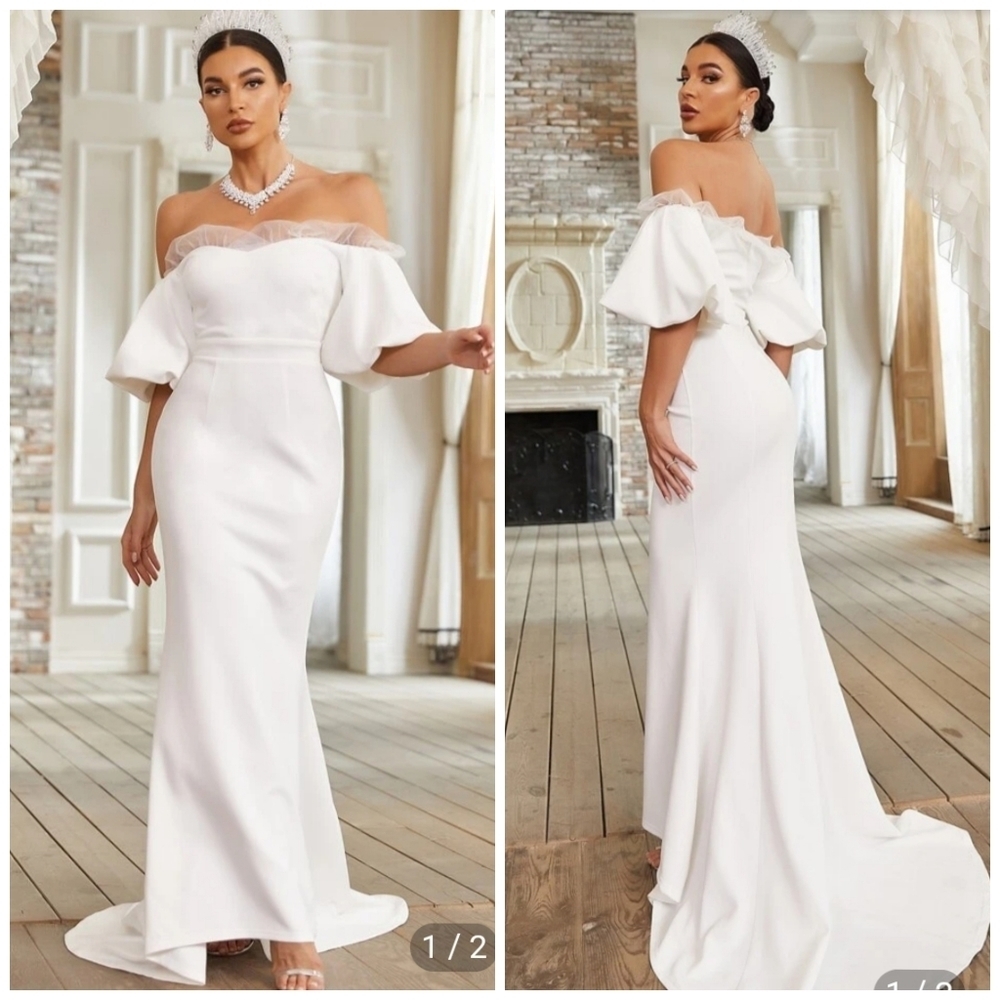 NEW Off Shoulder Contrast Mesh Mermaid Hem White Puff Sleeve Wedding Dre…